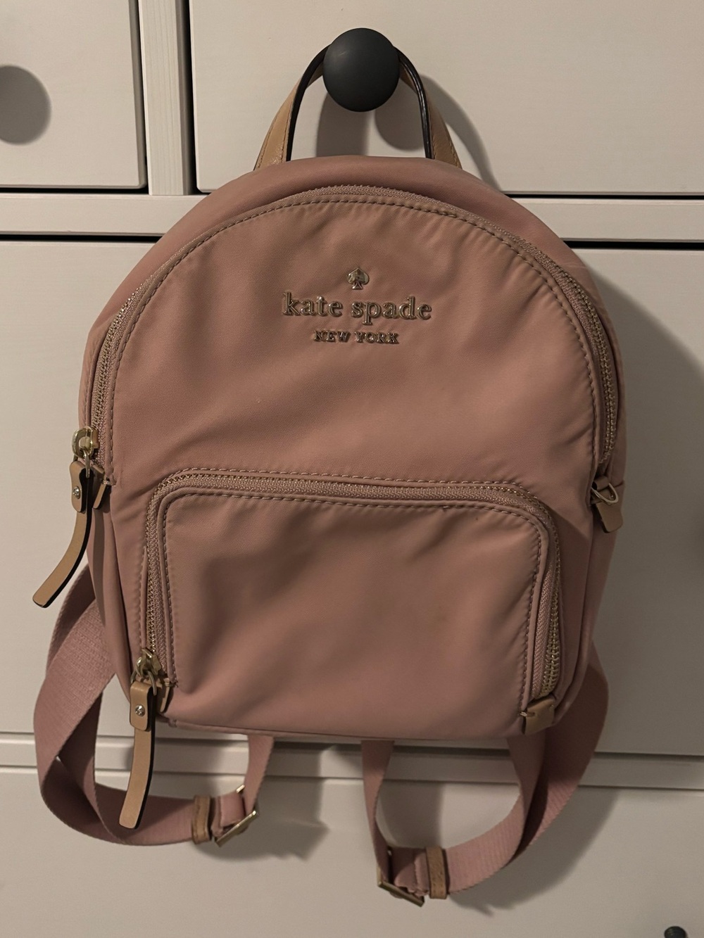 kate spade blush pink mini nylon backpack with gold logo